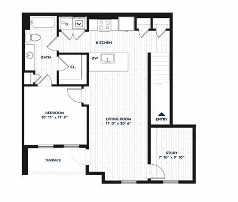 Floor plan for 1 bed, 1 bath, 860 sqft